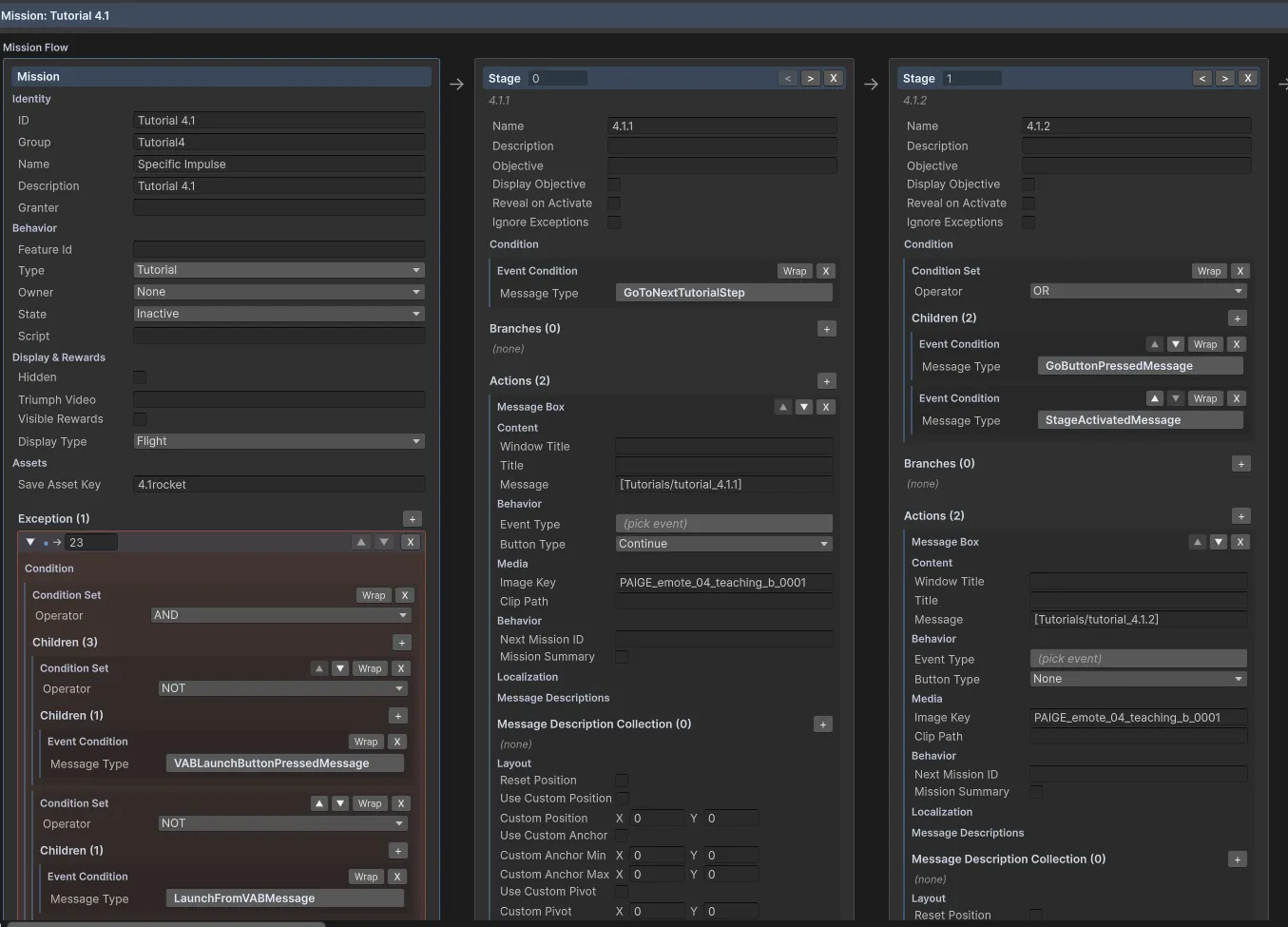 The beginning of the 4.1 tutorial in the editor, the mission metadata and 2 of its stages are shwon in a much more readable/editable manner
