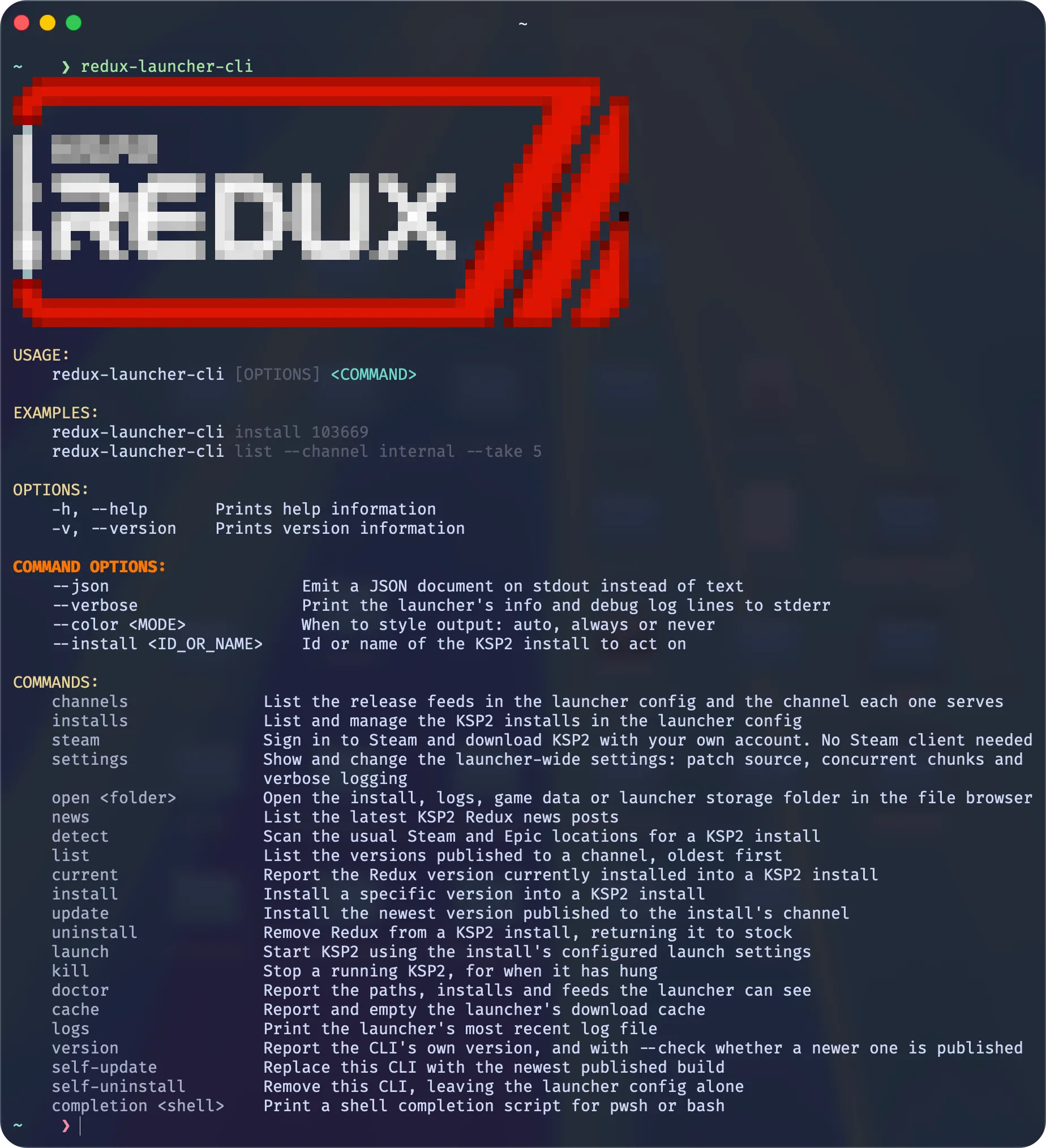 The redux-launcher-cli help screen in a macOS terminal, with a pixel art KSP2 Redux logo and the full list of commands