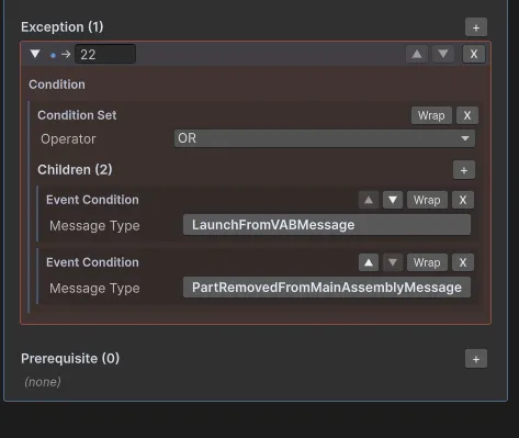 An exception branch being shown in the mission editor which allows the mission to be ‘failed’ if the user launches from the VAB or removes a part from the assembly