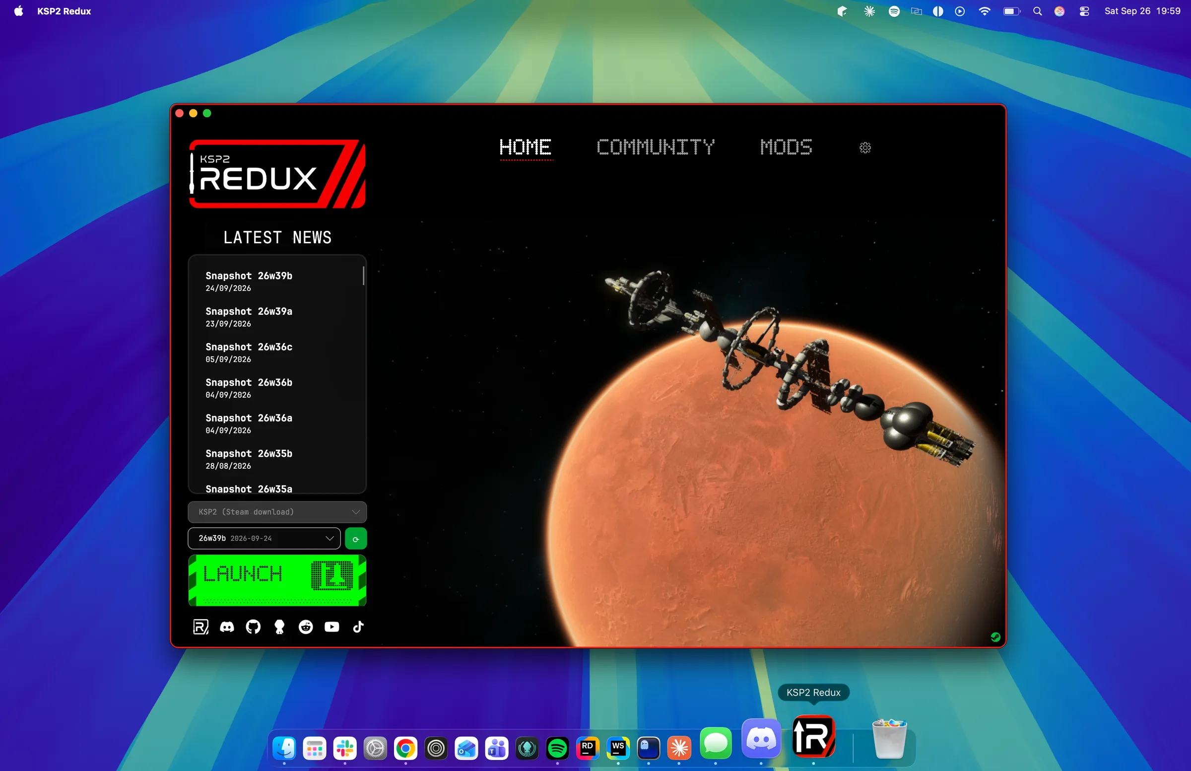 The KSP2 Redux launcher open on a macOS desktop, with the Snapshot 26w39b build selected and the Launch button ready