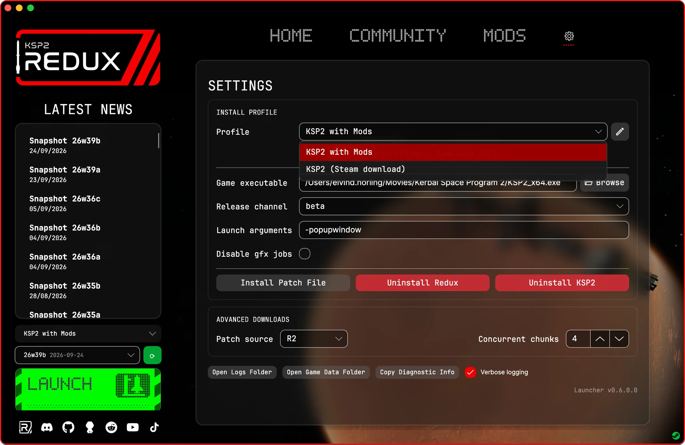 The launcher’s Settings tab with the install profile dropdown open, showing a KSP2 with Mods profile and a KSP2 Steam download profile