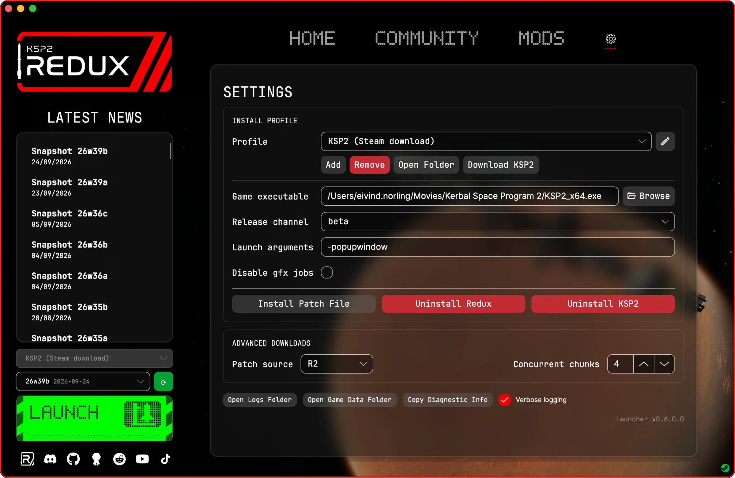 The reworked Settings tab, with the install profile, game executable with a Browse button, Uninstall Redux and Uninstall KSP2 buttons, and the advanced download settings