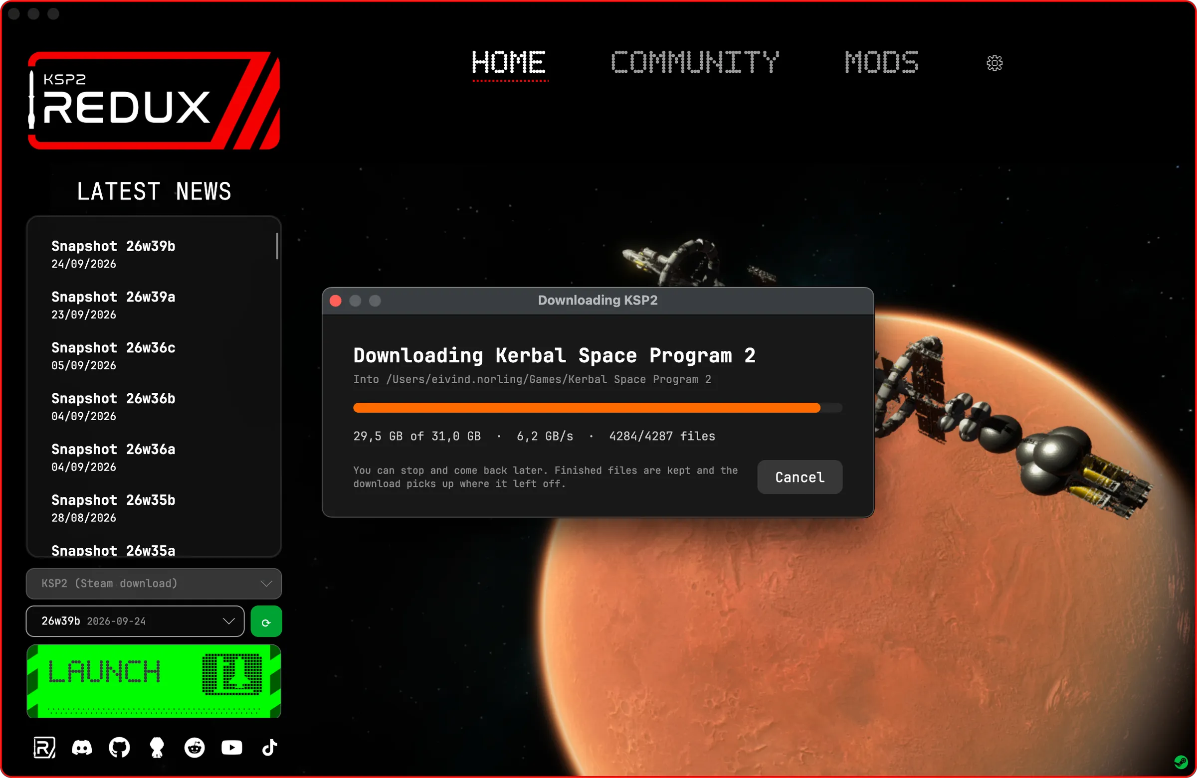 The launcher downloading Kerbal Space Program 2 from Steam, at 29.5 of 31.0 GB with 4284 of 4287 files done