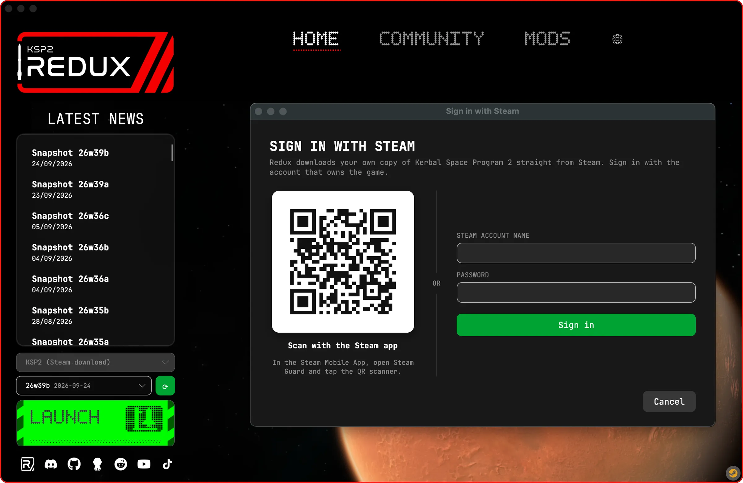 The Sign in with Steam dialog in the launcher, with a QR code for the Steam Mobile App on the left and account name and password fields on the right