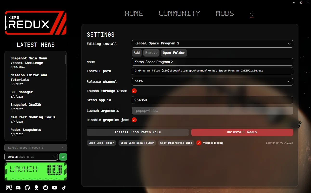 The Redux Updater's Settings tab, showing the KSP2 install path, release channel, launch options and the Uninstall Redux button.