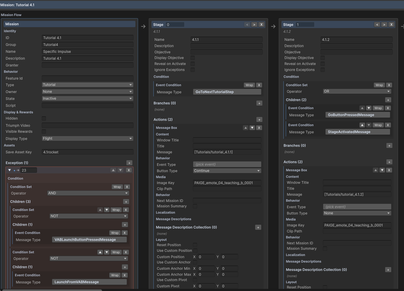 The beginning of the 4.1 tutorial in the editor, the mission metadata and 2 of its stages are shwon in a much more readable/editable manner
