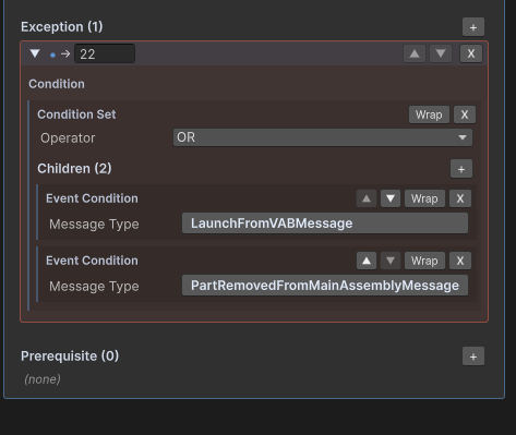 An exception branch being shown in the mission editor which allows the mission to be 'failed' if the user launches from the VAB or removes a part from the assembly
